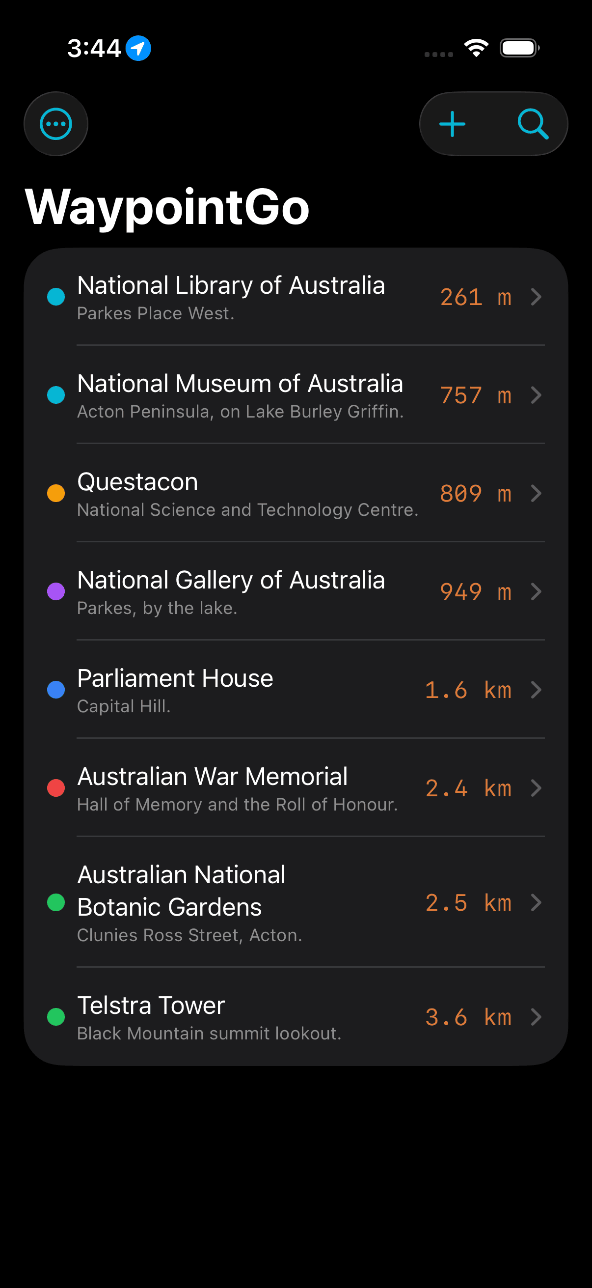 WaypointGo waypoint list sorted by distance, showing Canberra landmarks