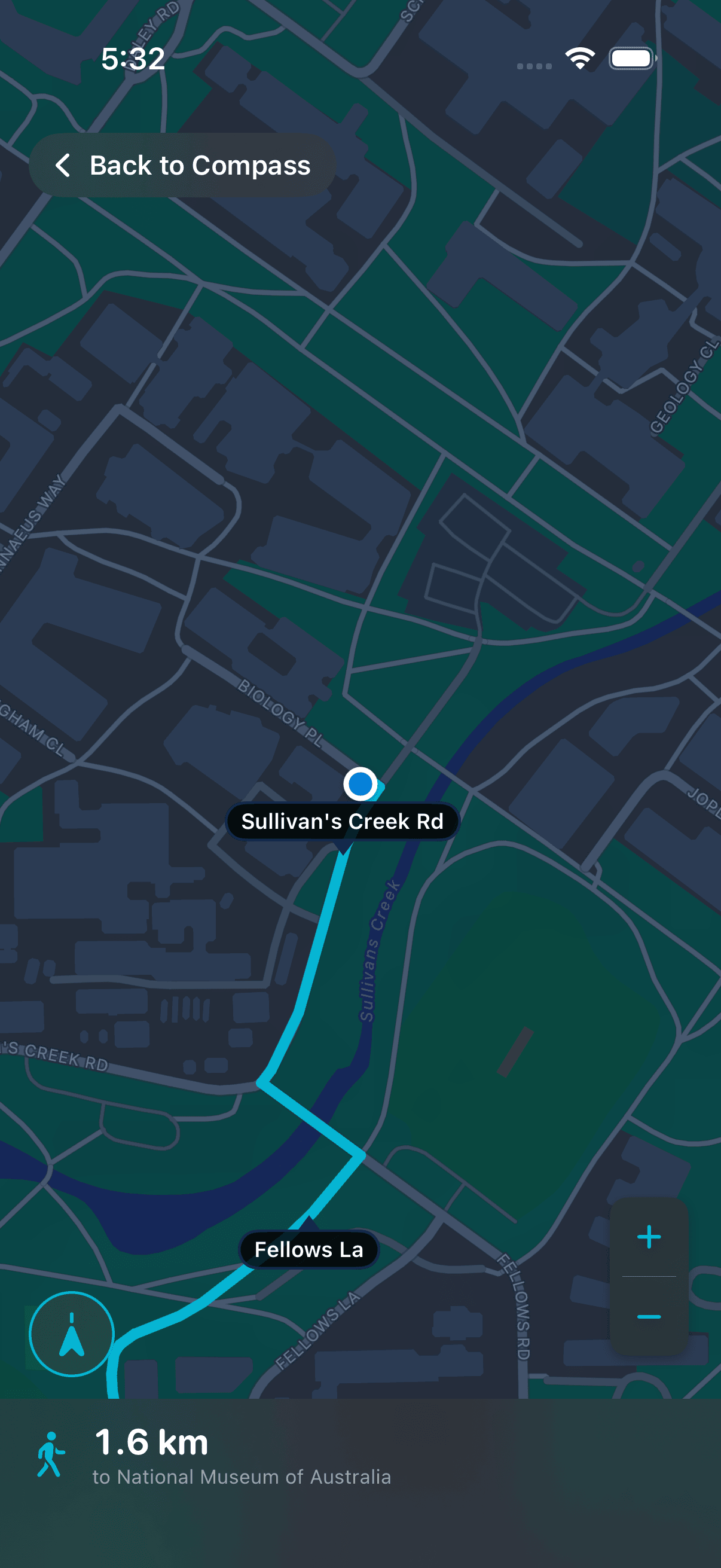 Map Mode showing the cyan walking route to the National Museum of Australia, 1.6 km away