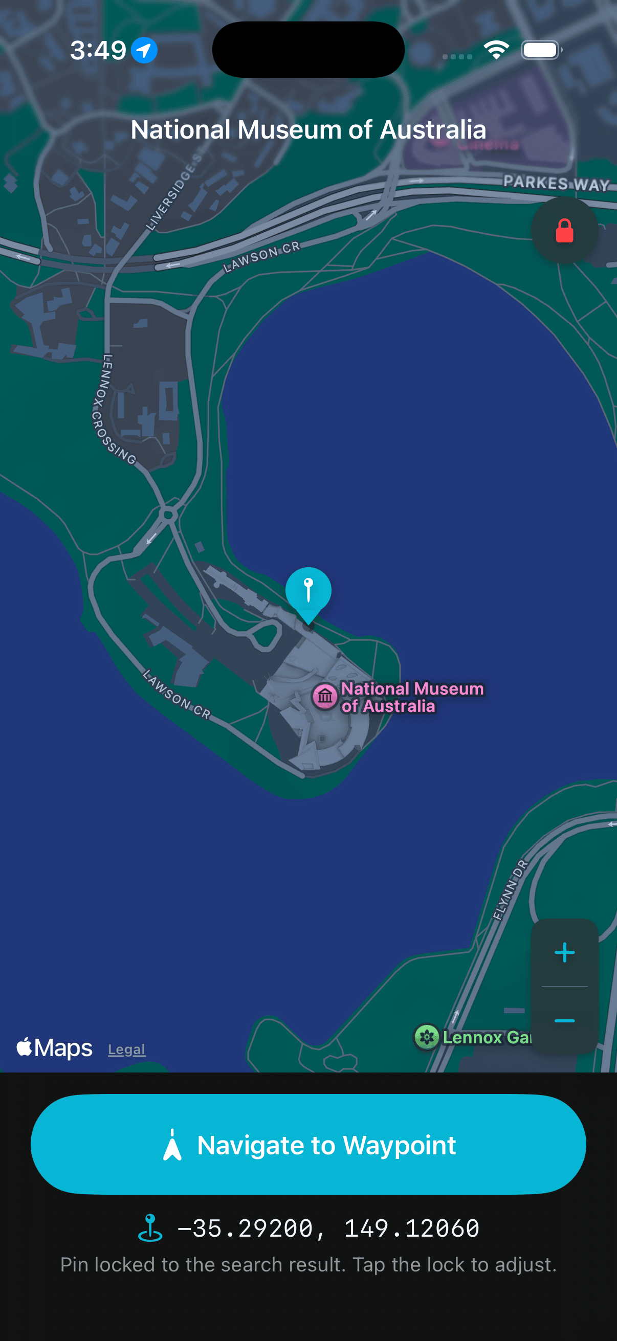 Search result map with the National Museum of Australia pinned on Lake Burley Griffin